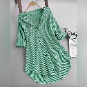 Green & White Striped Button-Down Tunic Blouse | High-Low Hem